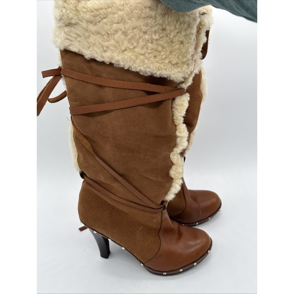 Michael Kors women's Brown Tall Sherpa Boots Heels Tie Fur  Warm Cozy 6.5 - Picture 5 of 11